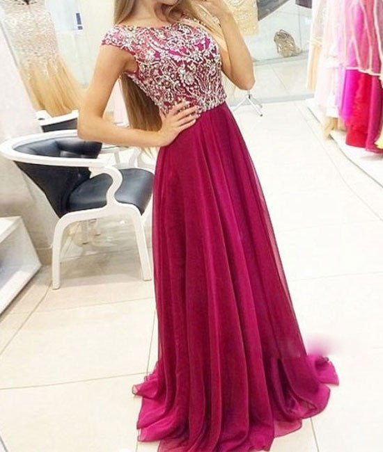 Unthony - A-Line Crystal Chiffon Prom Dresses Open Back Beading Zipper Evening Gown