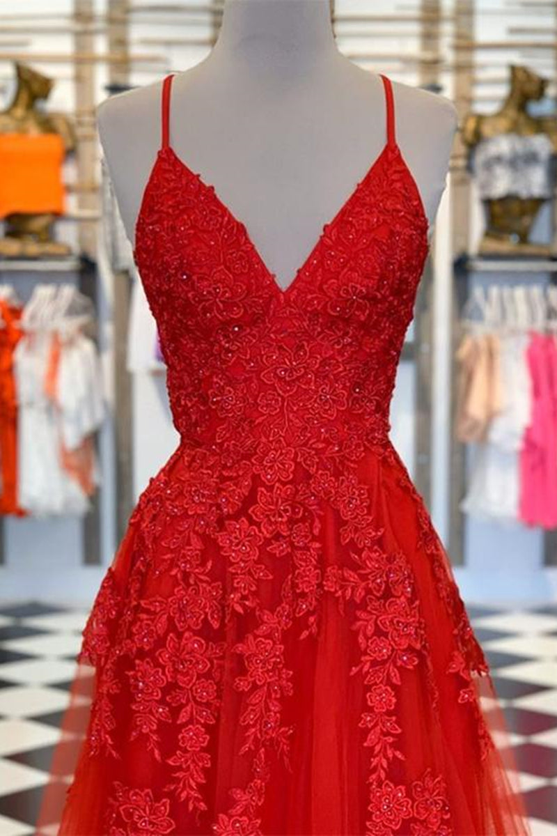 Unthony - A Line Spaghetti Straps V Neck Red Lace Long Prom Dress