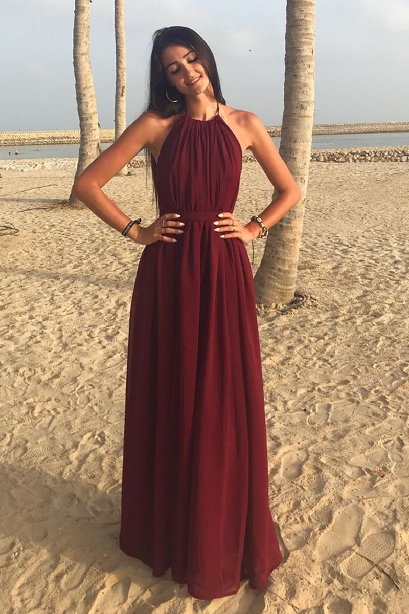 Unthony - A Line Halter Neck Burgundy Long Prom Dress
