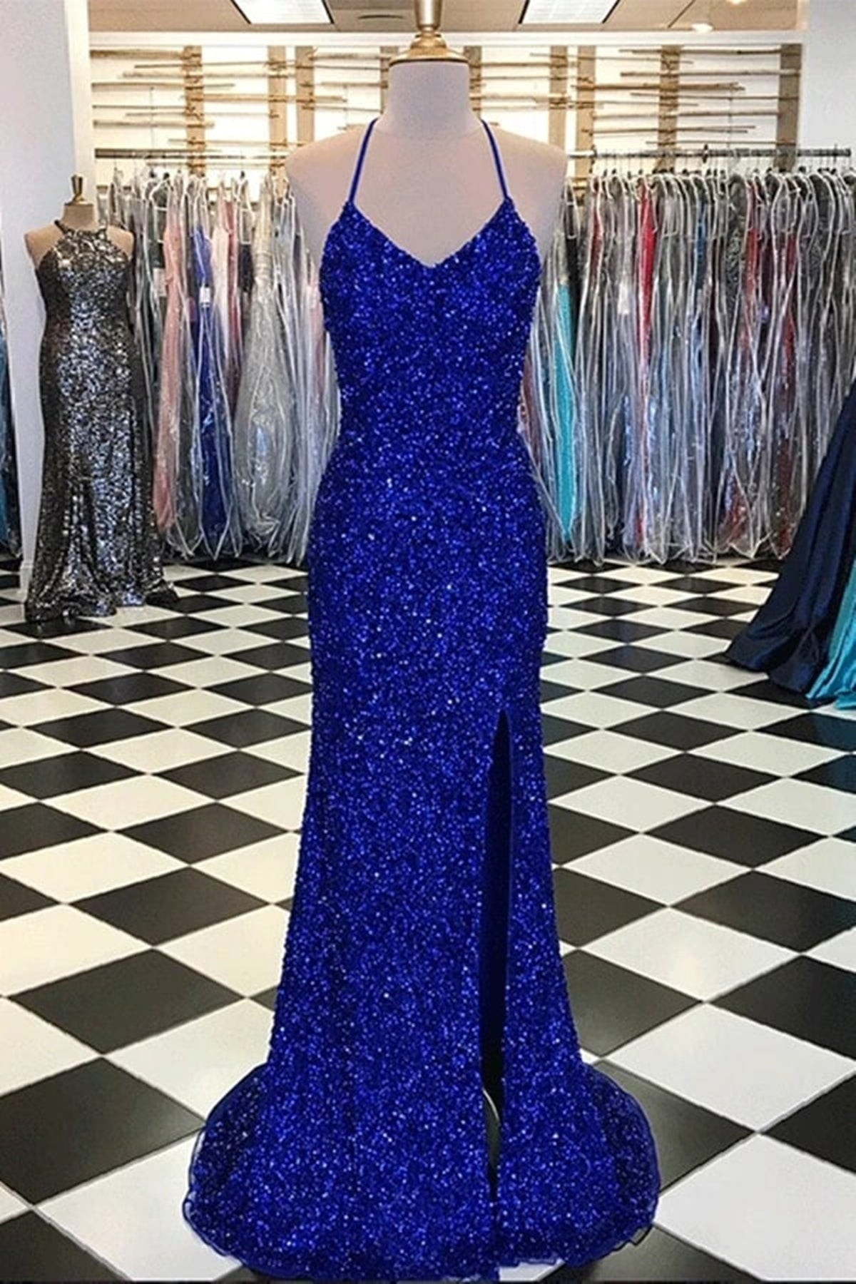 Unthony - Shiny Blue Sequins Mermaid Backless Long Prom Dress with High Slit