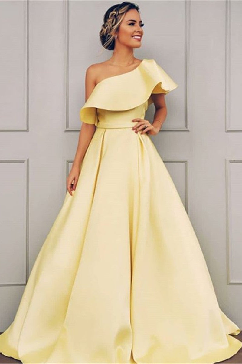 Unthony - Elegant A Line One Shoulder Floor Length Yellow Satin Long Prom Dresses