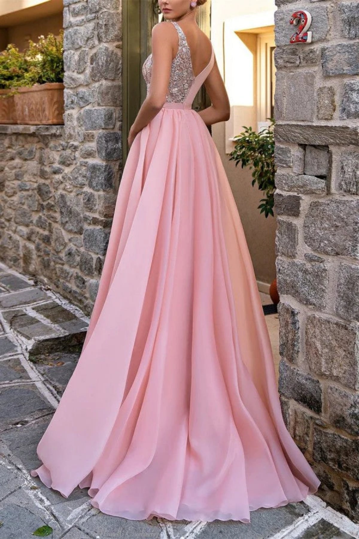 Unthony - V Neck Pink Chiffon Lace Long Prom Dress with High Slit
