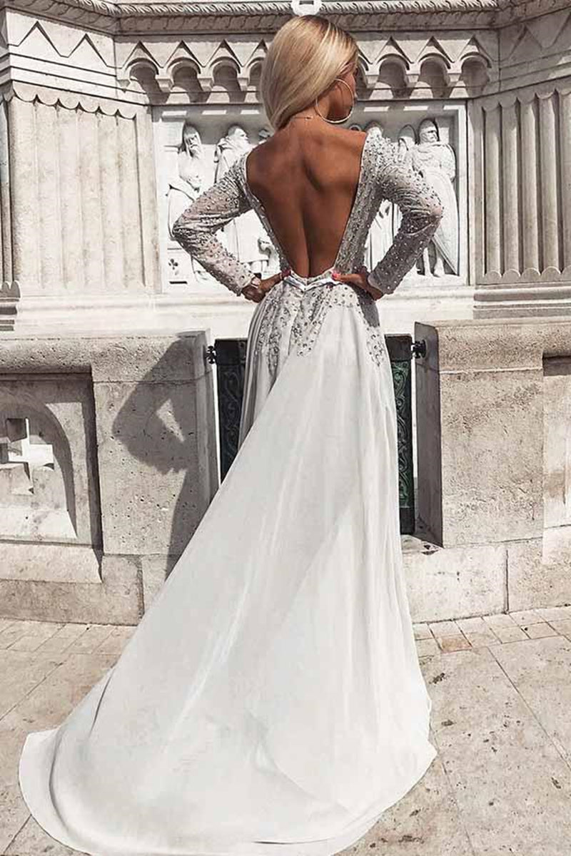 Unthony - Silver Grey Sequins Long Sleeves Backless Prom Dress