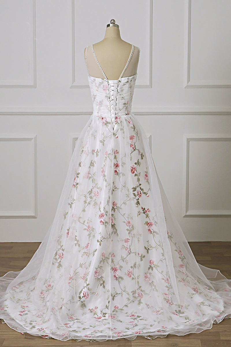 Unthony - Open Back White Lace Long Prom Dress with Appliques