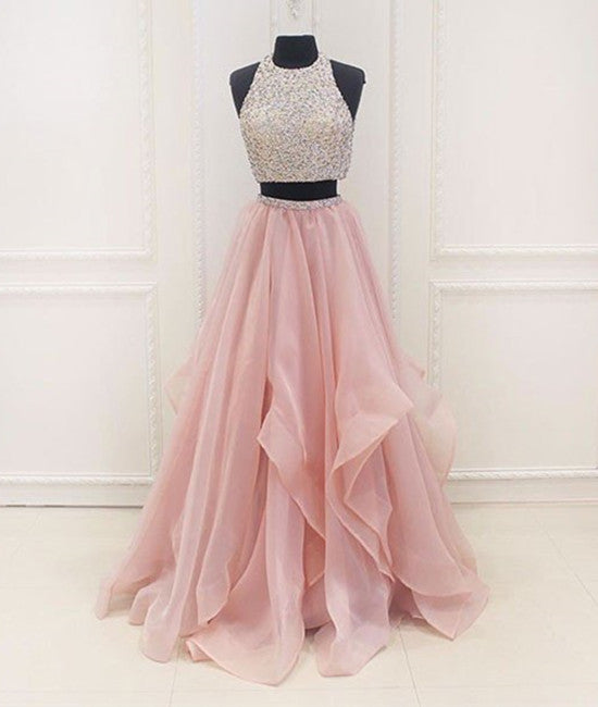 Unthony - Two Pieces Round Neck Sequins Long Pink Prom Dresses