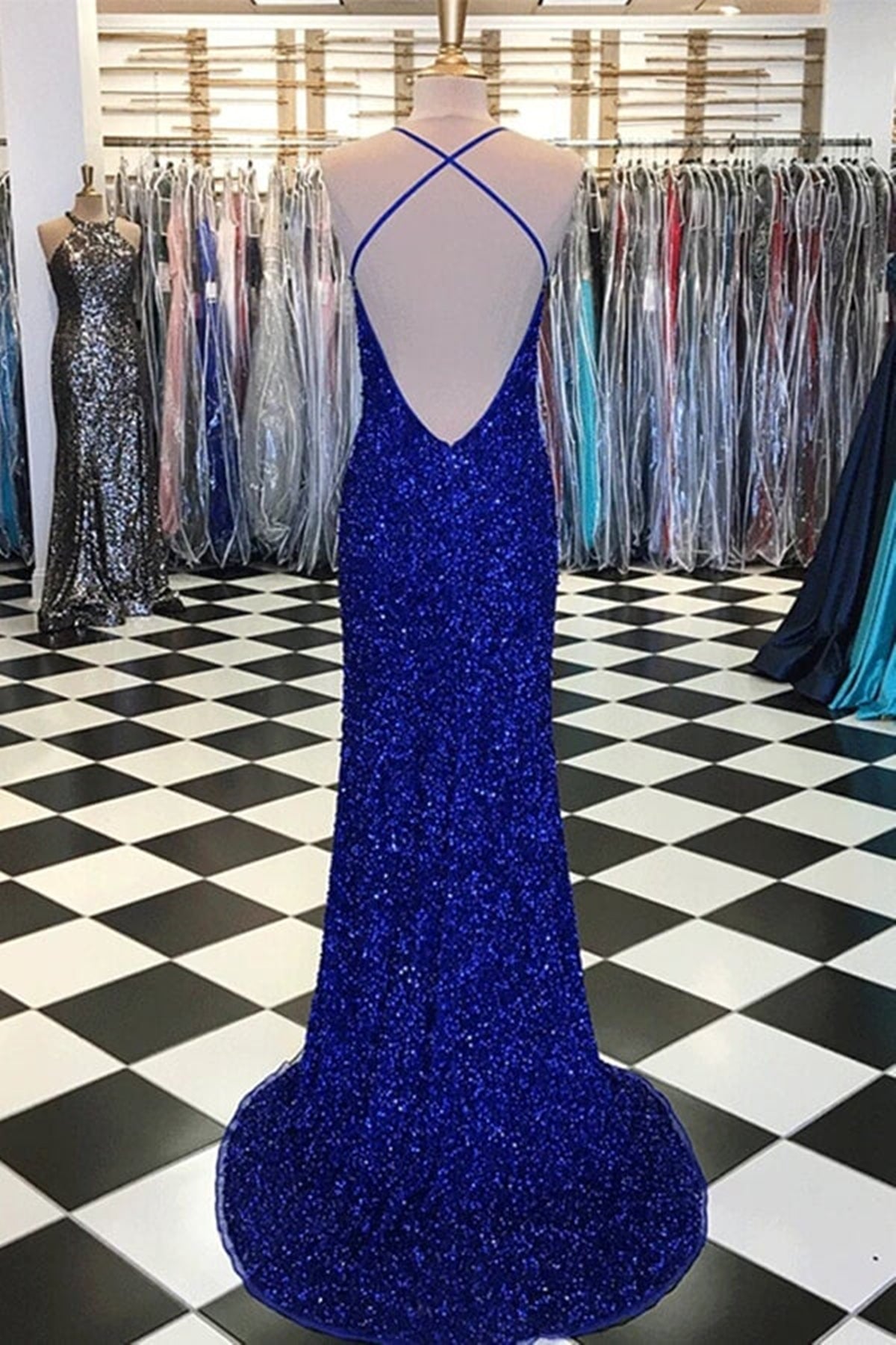 Unthony - Shiny Blue Sequins Mermaid Backless Long Prom Dress with High Slit