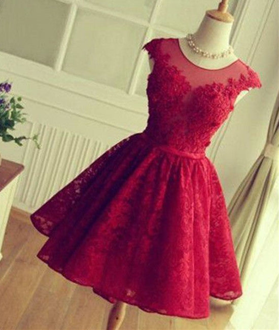 Unthony - Cute Round Neck Red Lace Short Prom Dresses