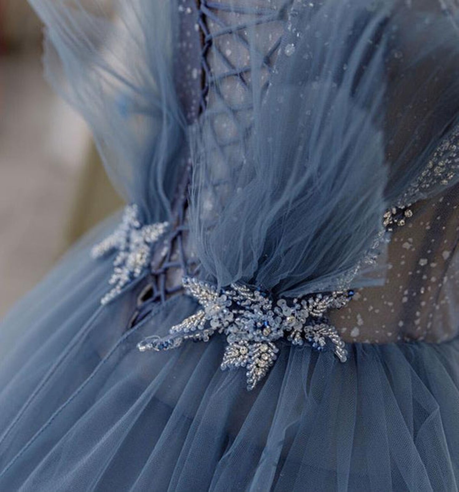 Unthony - Gorgeous Blue Sparkly Tulle Beaded Long Prom Dress