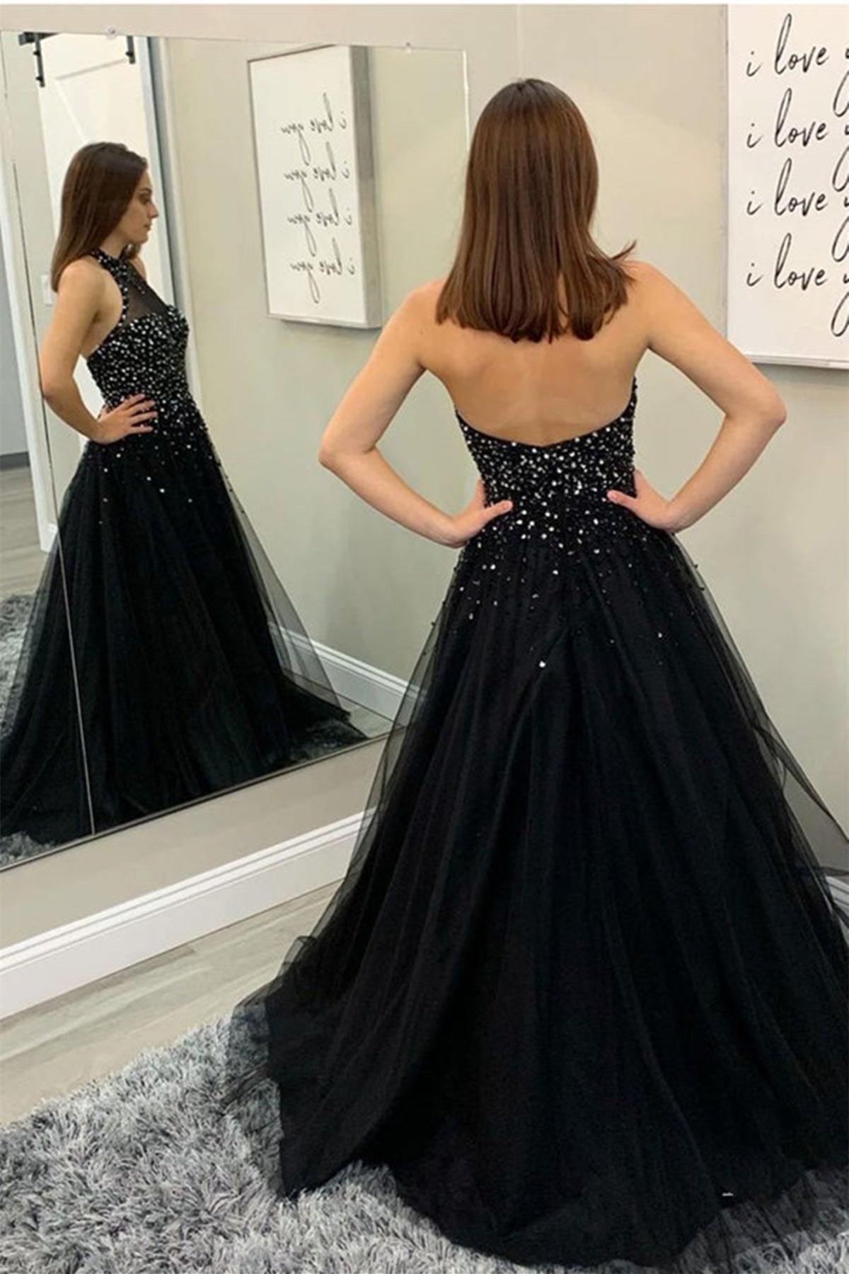 Unthony - Halter Neck Backless Beaded Black Long Prom Dress