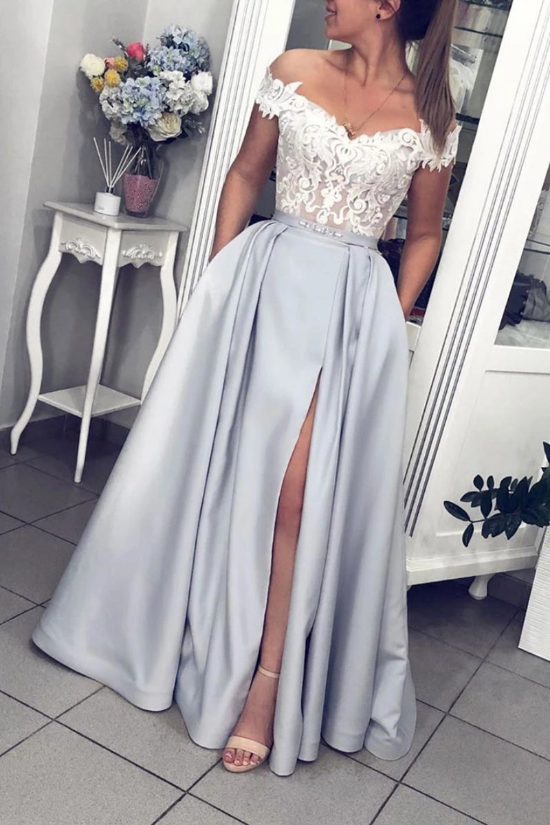 Unthony - Off Shoulder Lace Gray Long Prom Dress with Slit