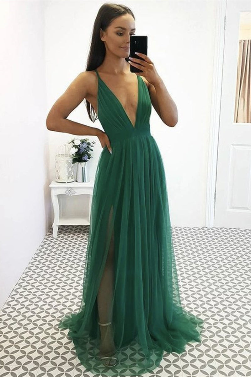 Unthony - Sexy V Neck Green Tulle Long Prom Dress