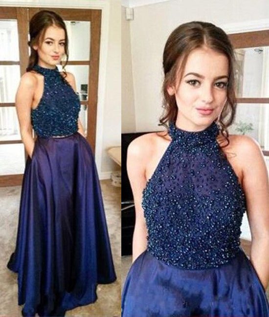 Unthony - Custom Made Navy Blue Two Pieces Beaded Prom Dresses