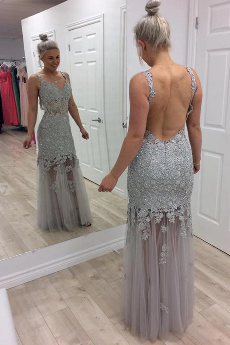 Unthony - Mermaid V Neck Backless Grey Lace Long Prom Dress