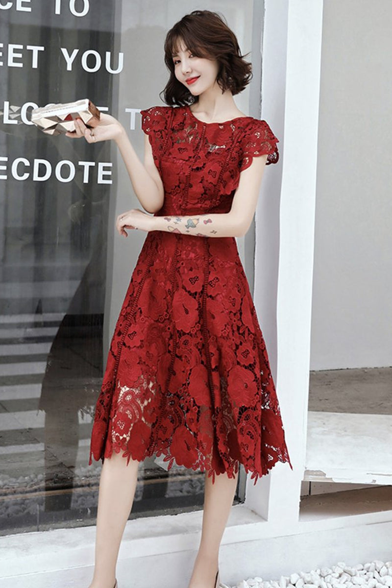 Unthony - Round Neck Cap Sleeves Knee Length Floral Burgundy Lace Prom Dress