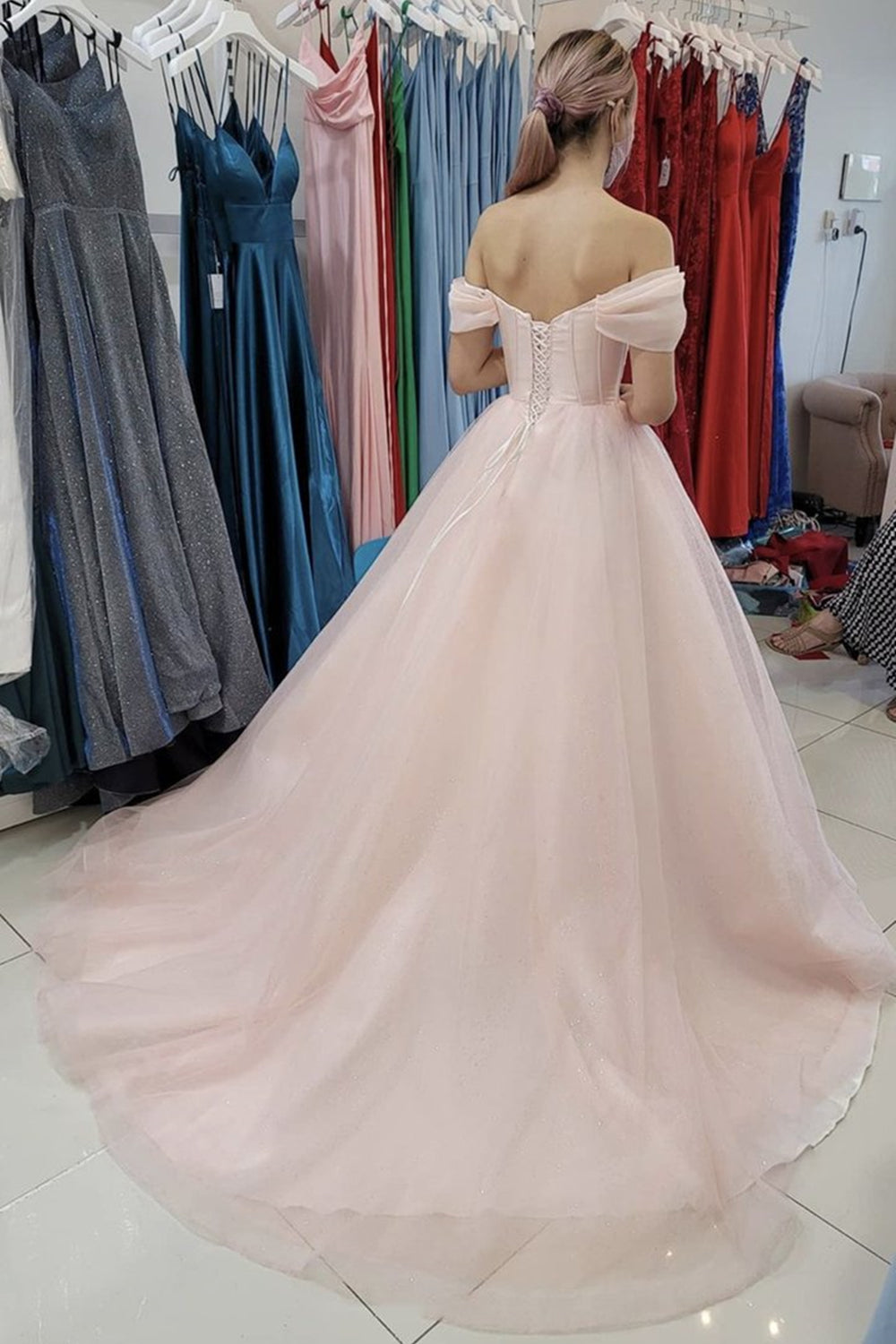 Unthony - Off Shoulder Pink Tulle Long Prom Dress