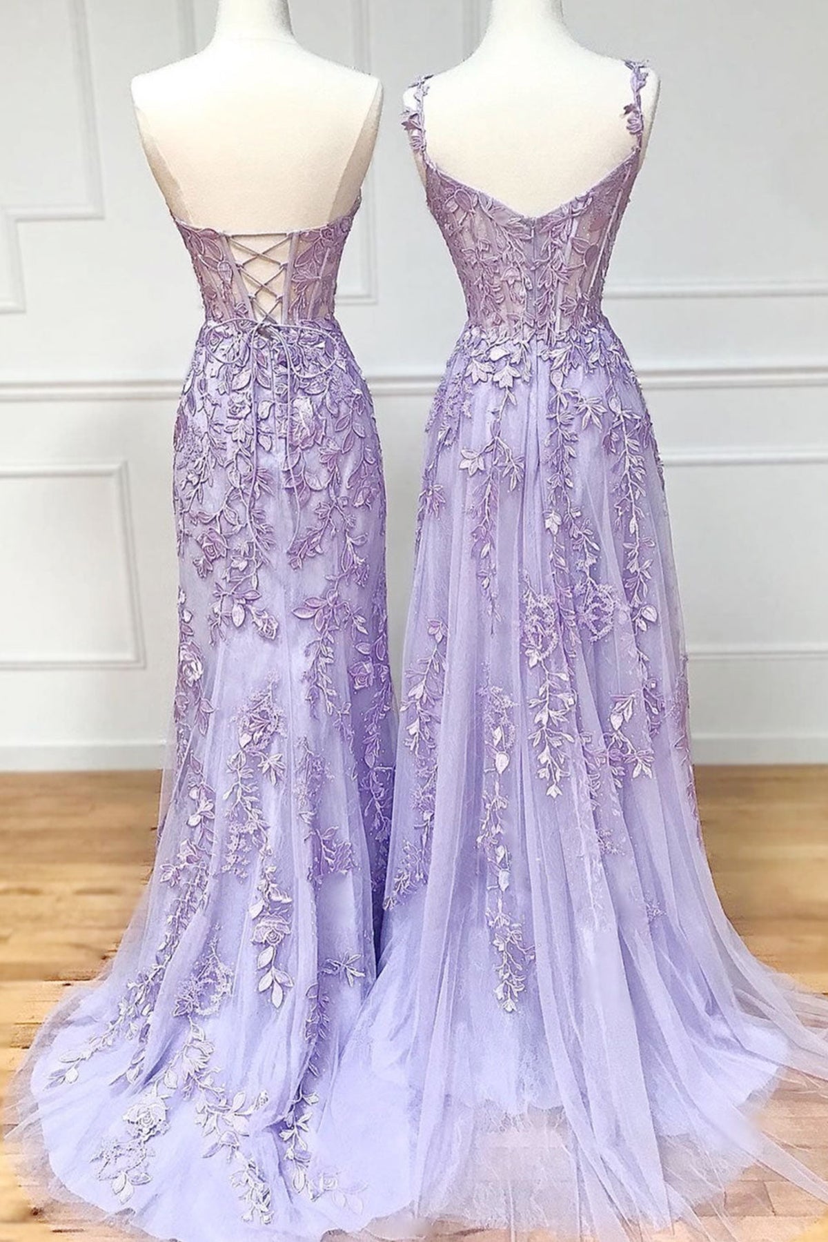 Unthony - Sweetheart Neck Purple Lace Long Prom Dress