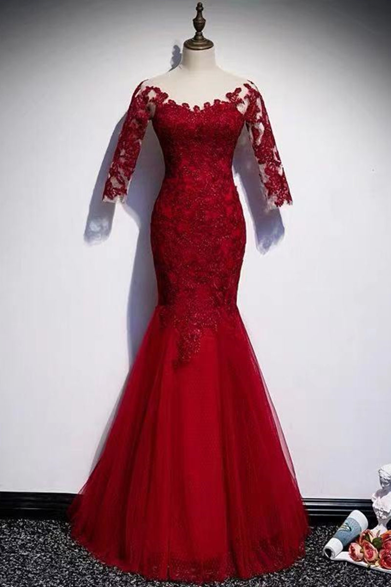 Unthony - Round Neck Short Sleeves Mermaid Burgundy Lace Long Prom Dress