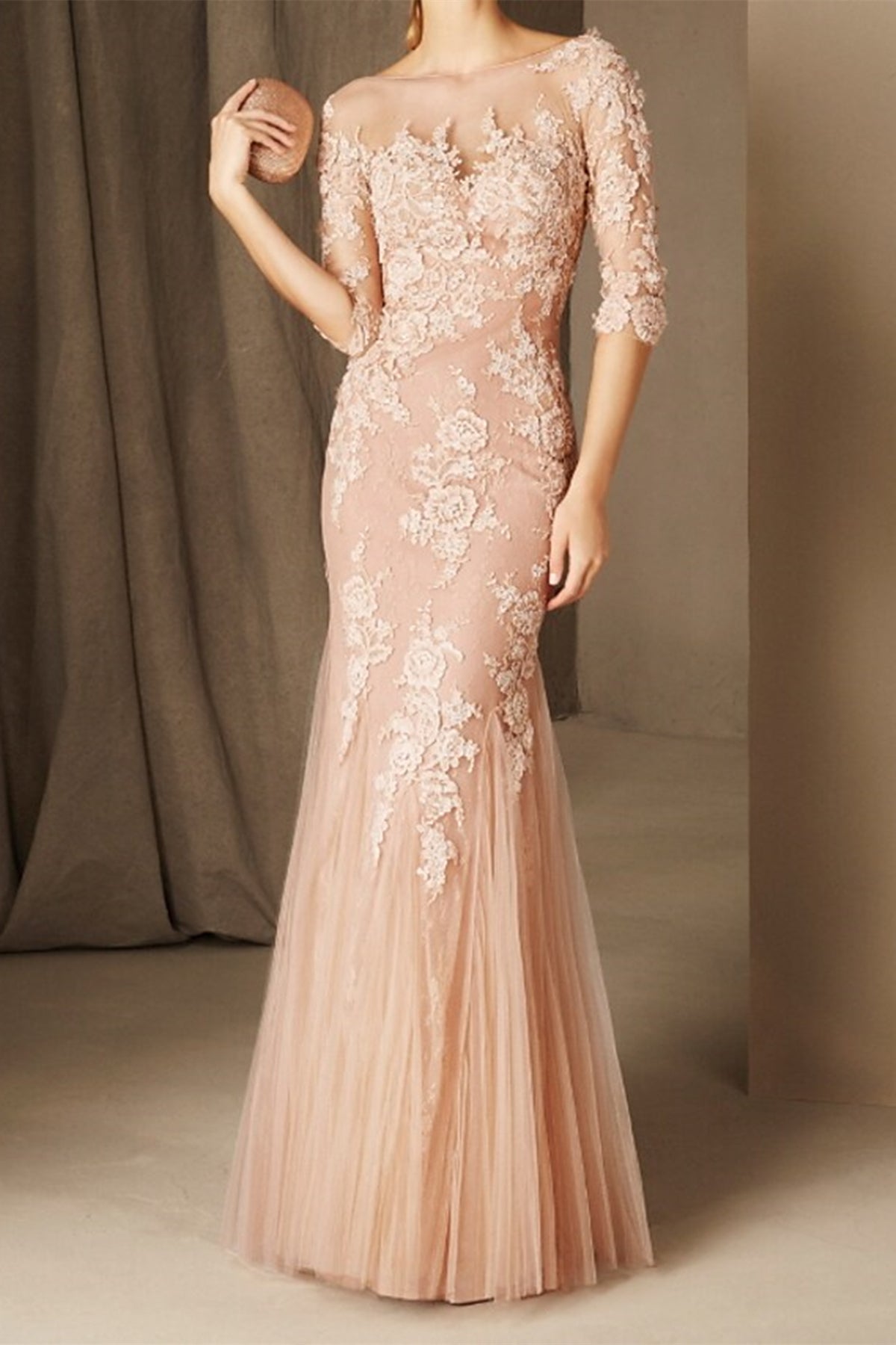 Unthony - Half Sleeves Mermaid Champagne Lace Long Prom Dresses