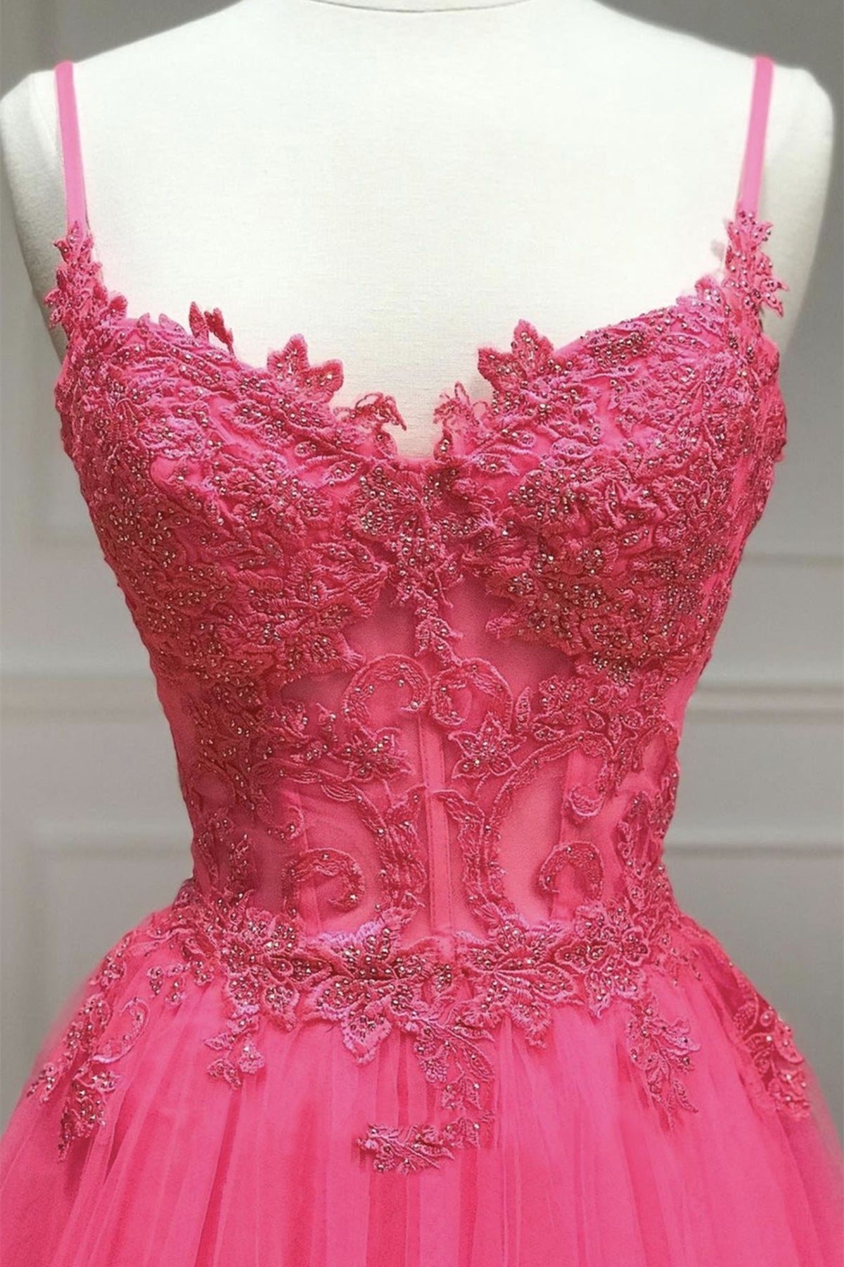 Unthony - A Line Spaghetti Straps Beaded Pink Lace Long Prom Dress