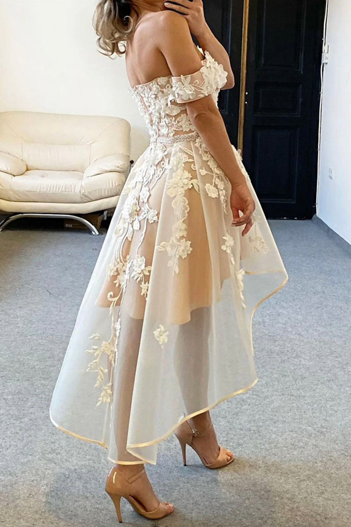 Unthony - High Low Off Shoulder Champagne Lace Prom Dress