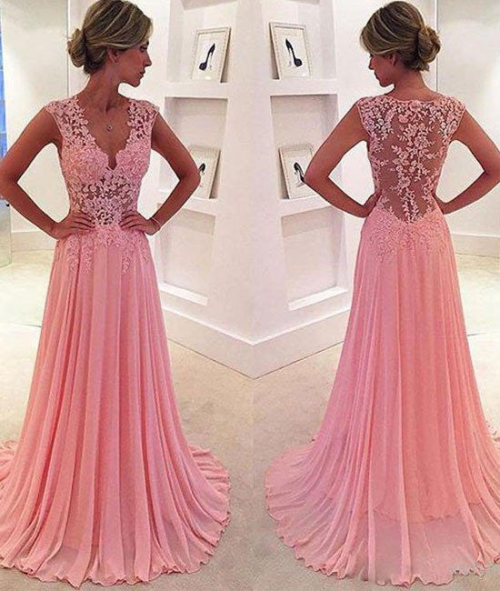 Unthony - Pretty A-Line Chiffon Pink Lace Prom Dresses