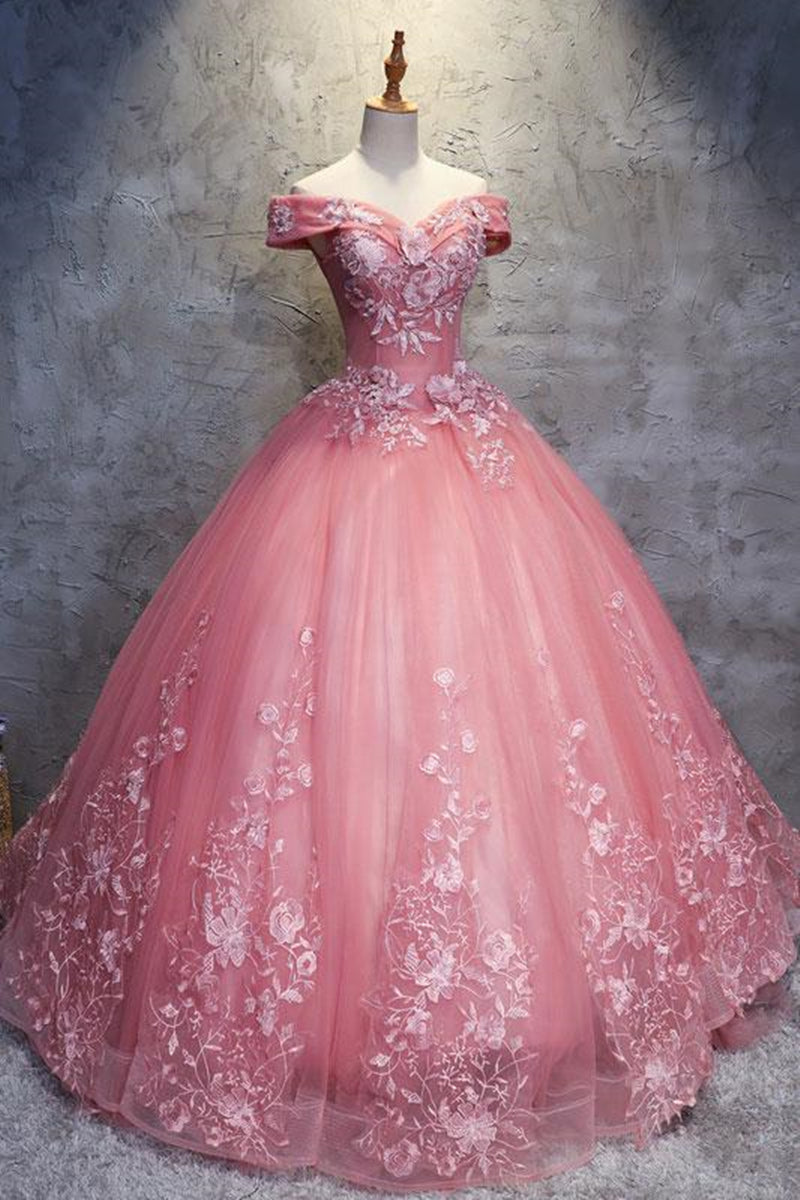 Unthony - Gorgeous Off the Shoulder Pink Lace Appliques Long Prom Dress
