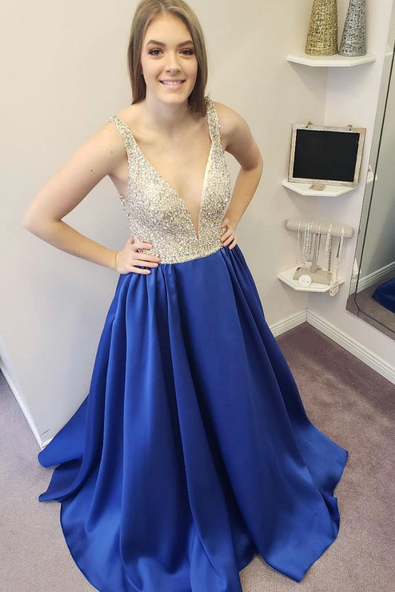 Unthony - Royal Blue V Neck Beaded Satin Long Prom Dresses