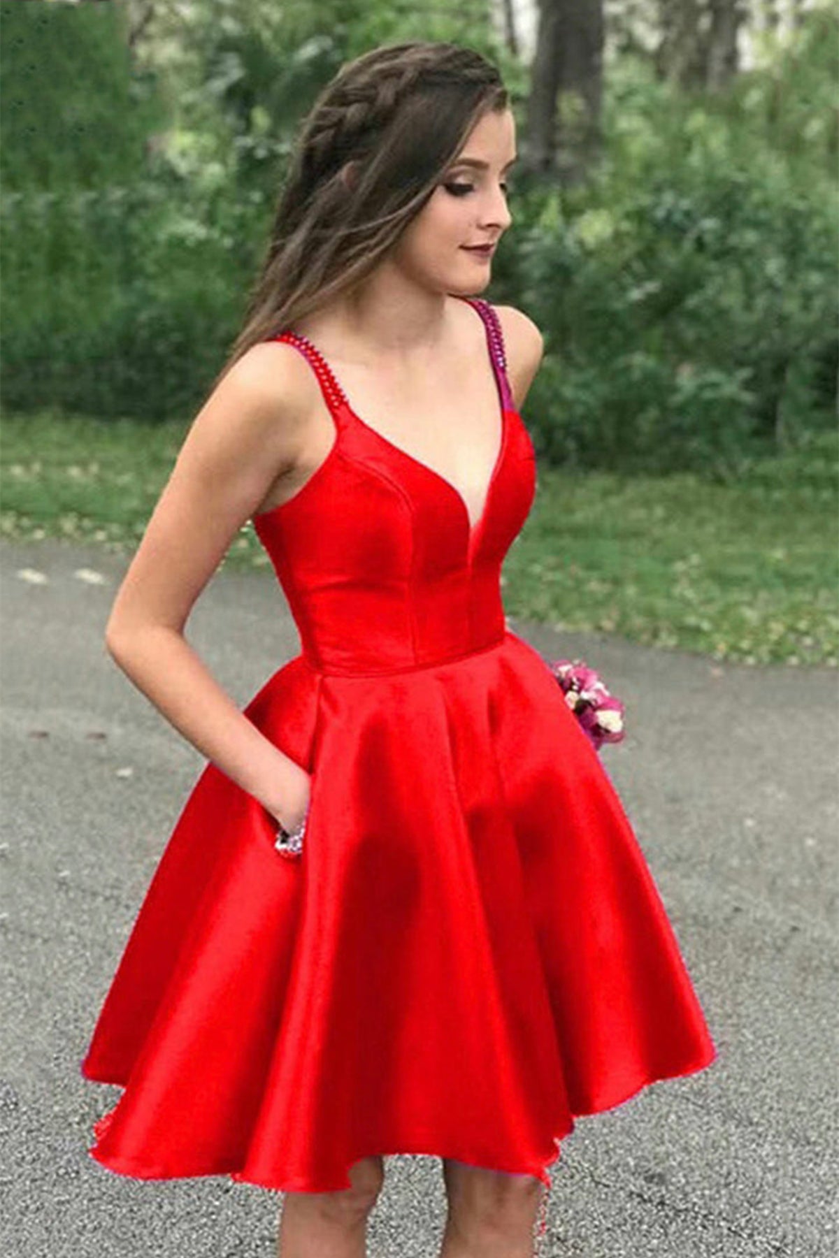 Unthony - V Neck Red Satin Short Prom Homecoming Dress