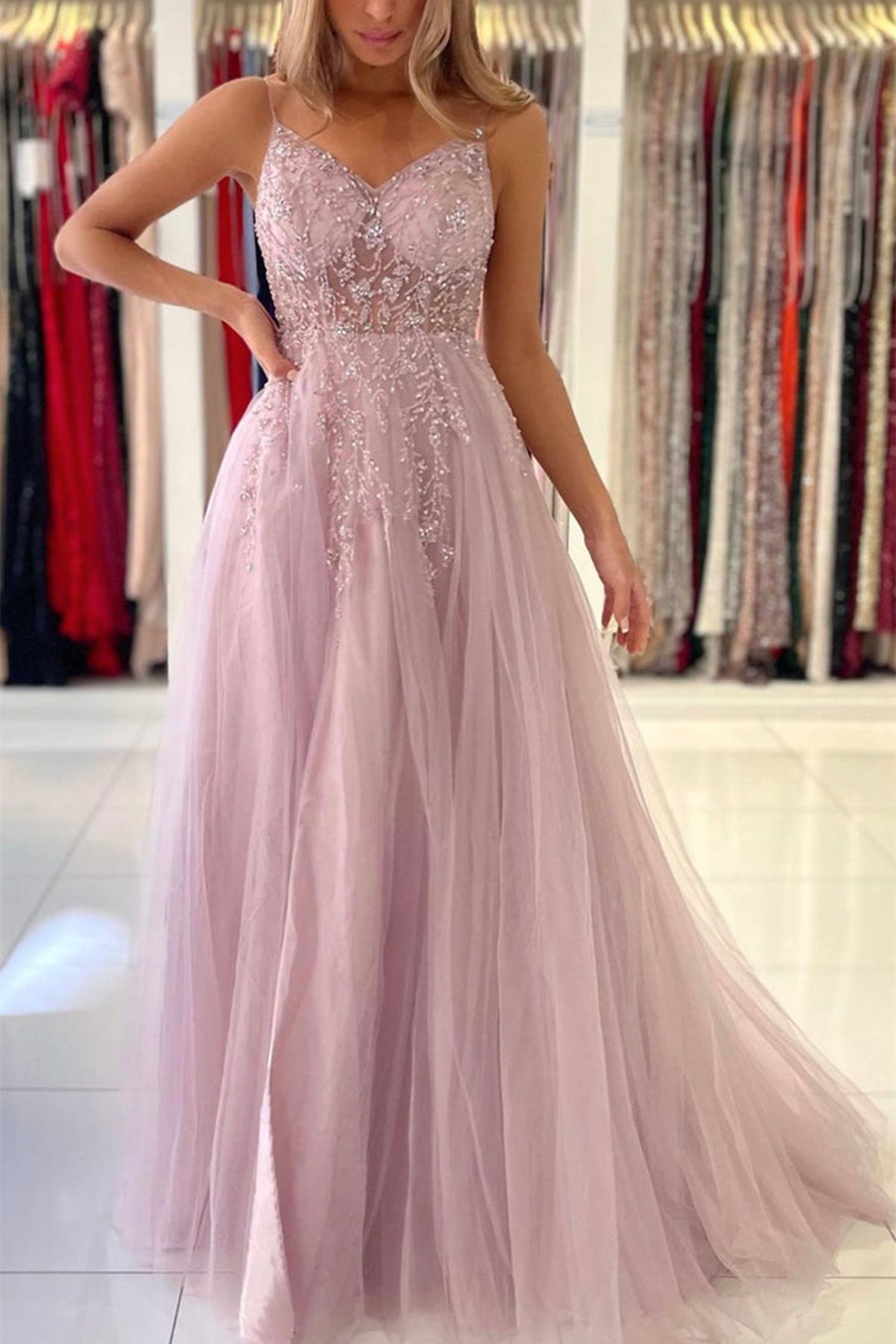 Unthony - Gorgeous V Neck Beaded Pink Tulle Long Prom Dress with High Slit
