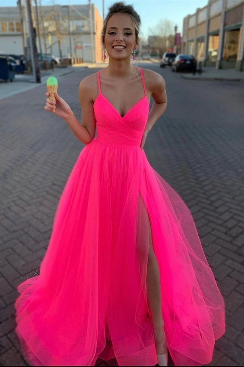 Unthony - Simple A Line V Neck Hot Pink Tulle Prom Dress