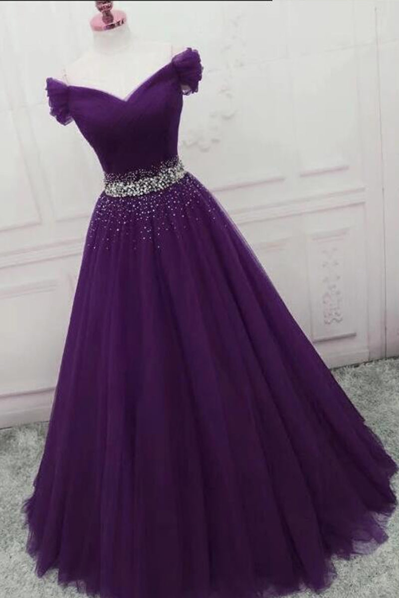 Unthony - Off the Shoulder Dark Purple Long Prom Dress with Beadings