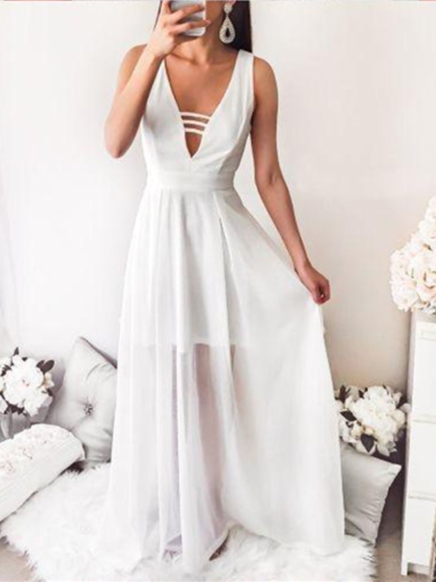 Unthony - Chic A Line V Neck Floor Length Ivory Long Prom Dresses