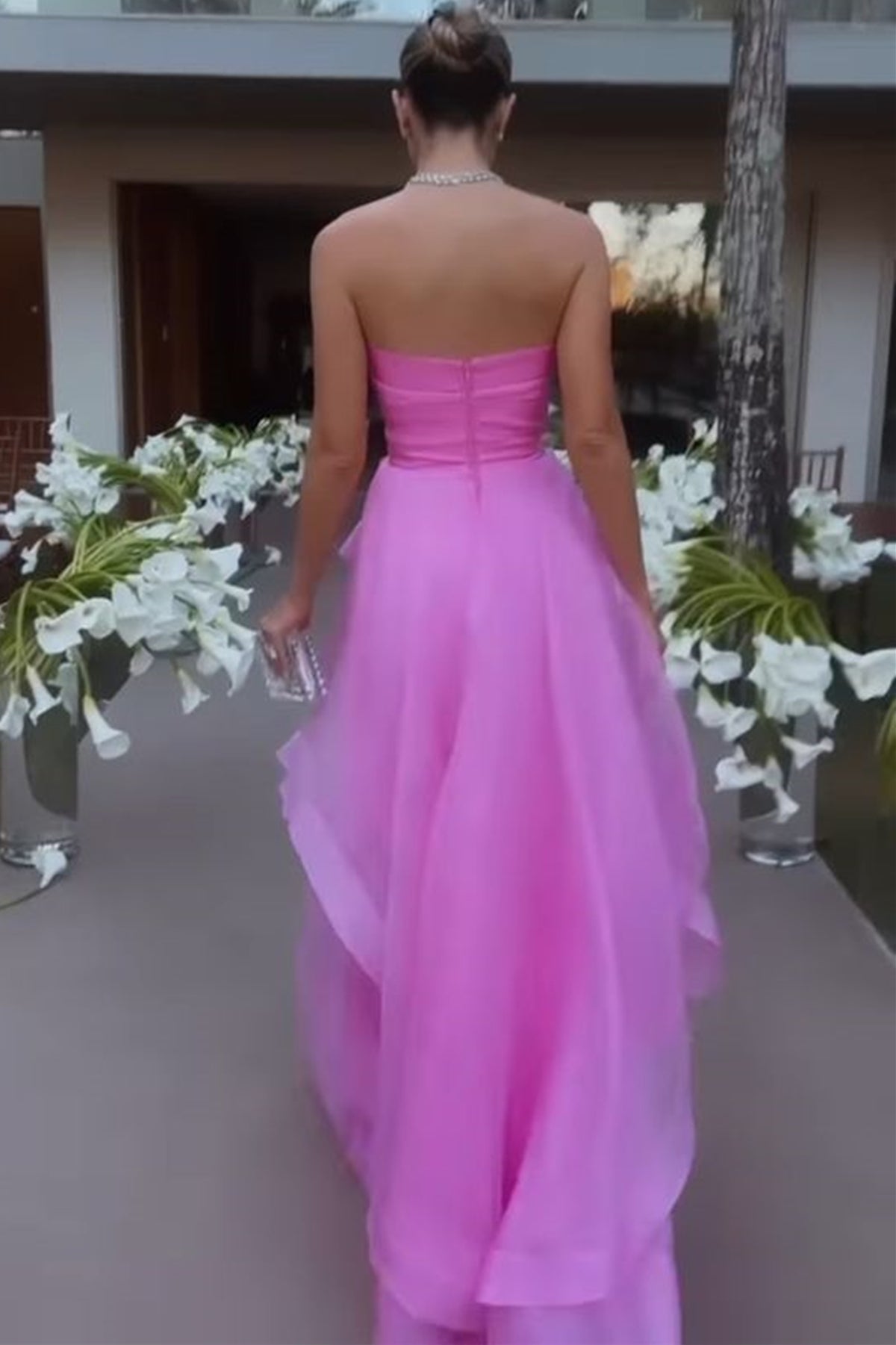 Unthony - Elegant Strapless Layered Pink Prom Dresses Long