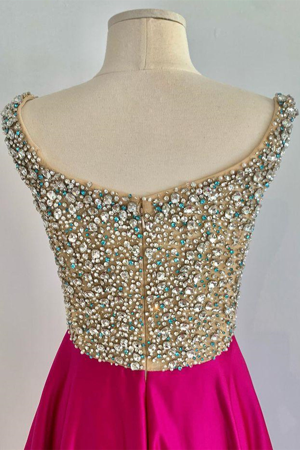 Unthony - A Line V Neck Beaded Fuchsia Long Prom Dress