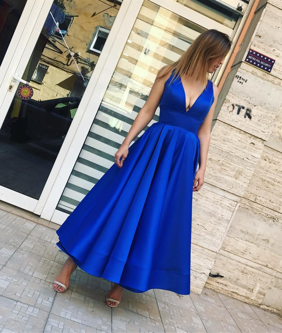 Unthony - Simple Royal Blue V Neck Satin Ankle Length Prom Dress
