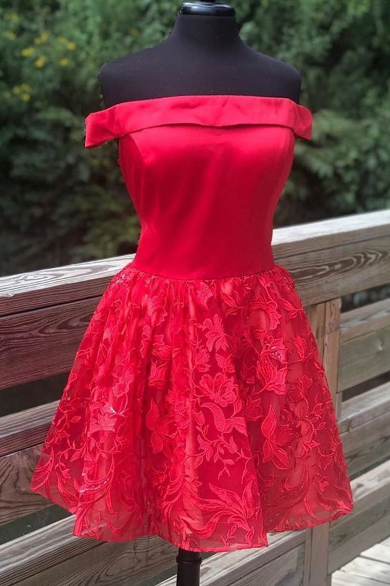 Unthony - Off Shoulder Short Red Lace Prom Dress