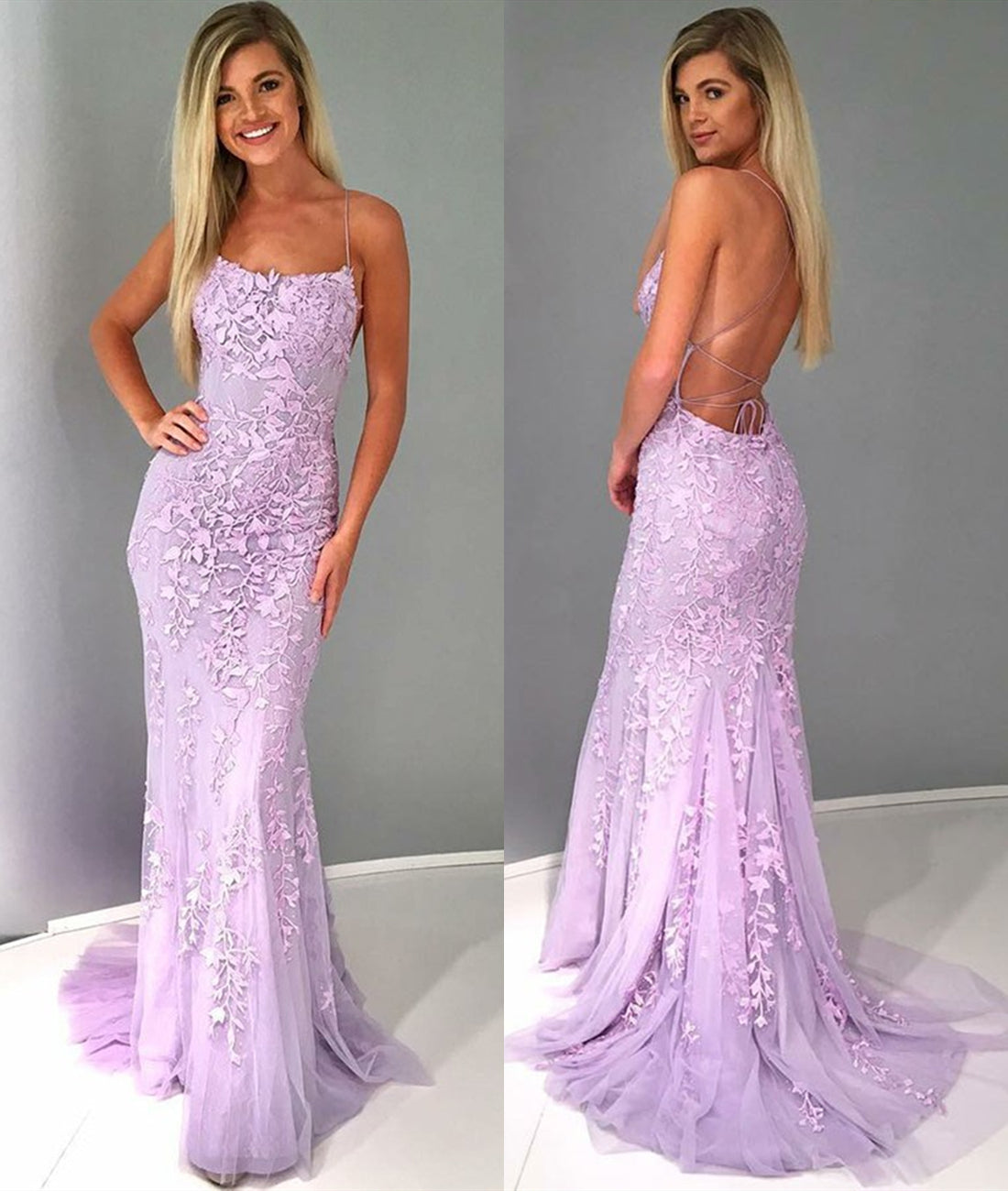 Unthony - Purple Mermaid Spaghetti Straps Backless Lace Appliques Prom Dresses