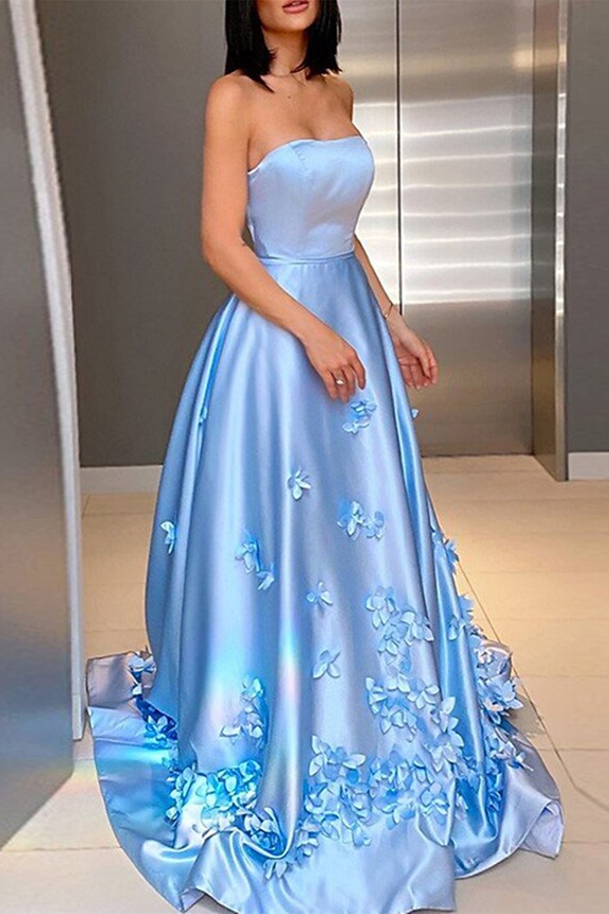 Unthony - Strapless Open Back Light Blue Satin Long Prom Dress with Flowers