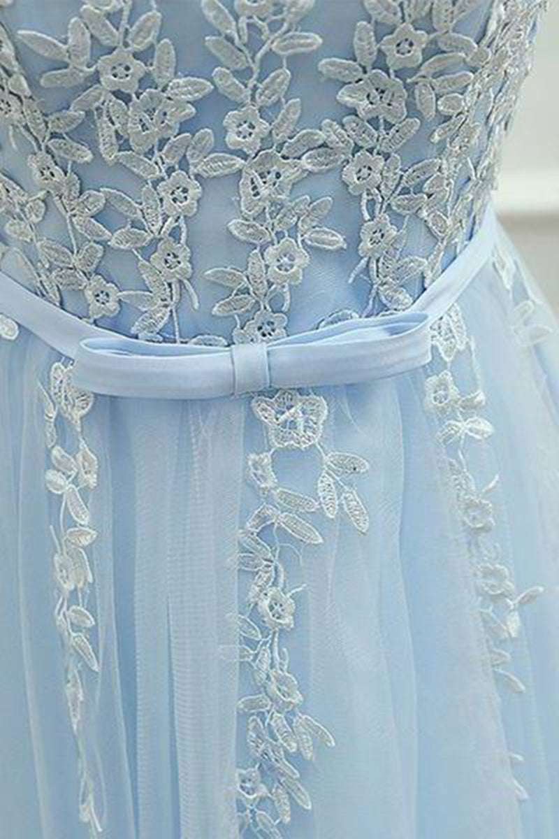 Unthony - A Line Round Neck Lace Blue Short Prom Dress