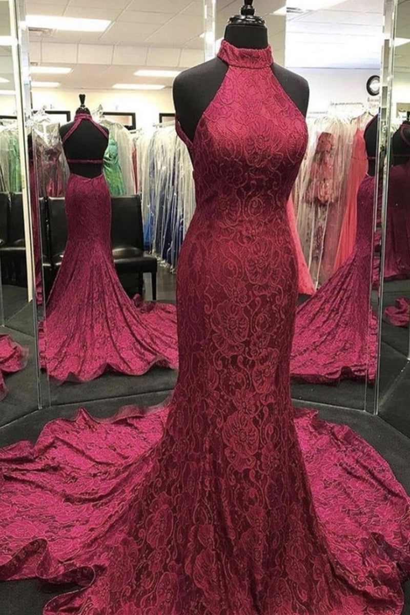 Unthony - High Neck Backless Burgundy Lace long Prom Dress
