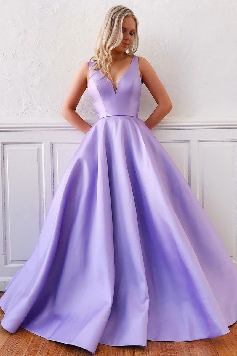 Unthony - Simple V Neck Purple Satin Long Prom Dress