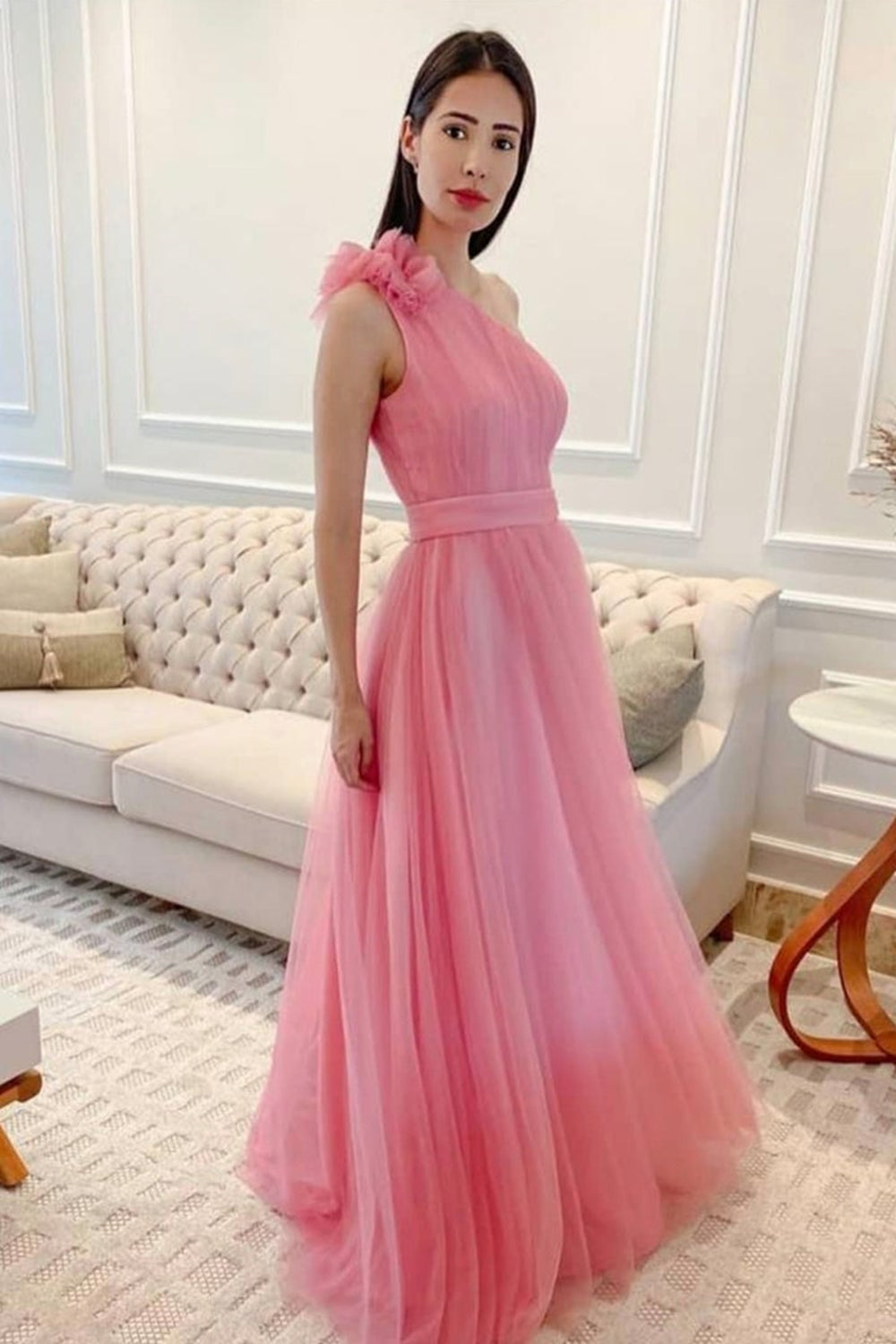 Unthony - One Shoulder Pink Tulle Long Prom Dress