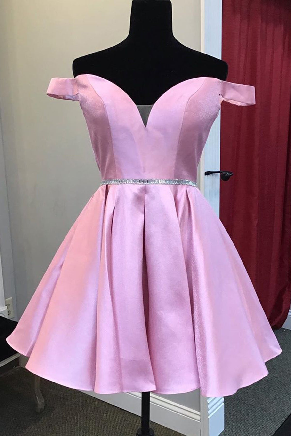 Unthony - Off the Shoulder Pink Satin Short Prom Homecoming Dress with Belt