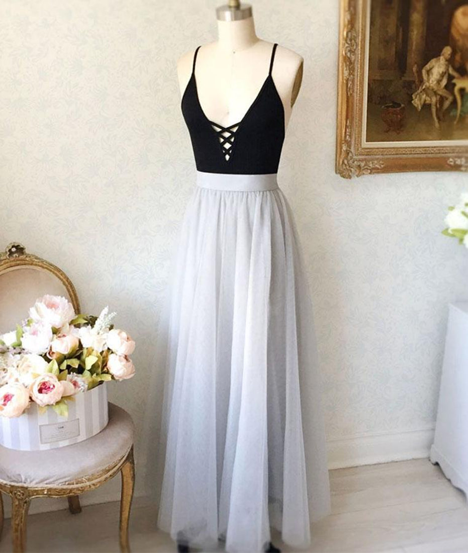 Unthony - A Line V Neck Black Top Gray Prom Dresses