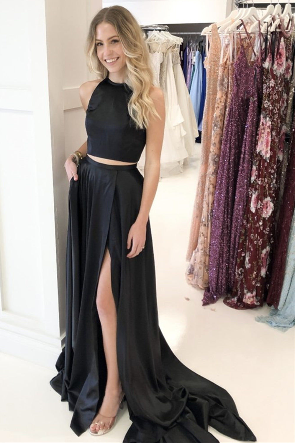 Unthony - A Line 2 Pieces Black Satin Long Prom Dress with Slit
