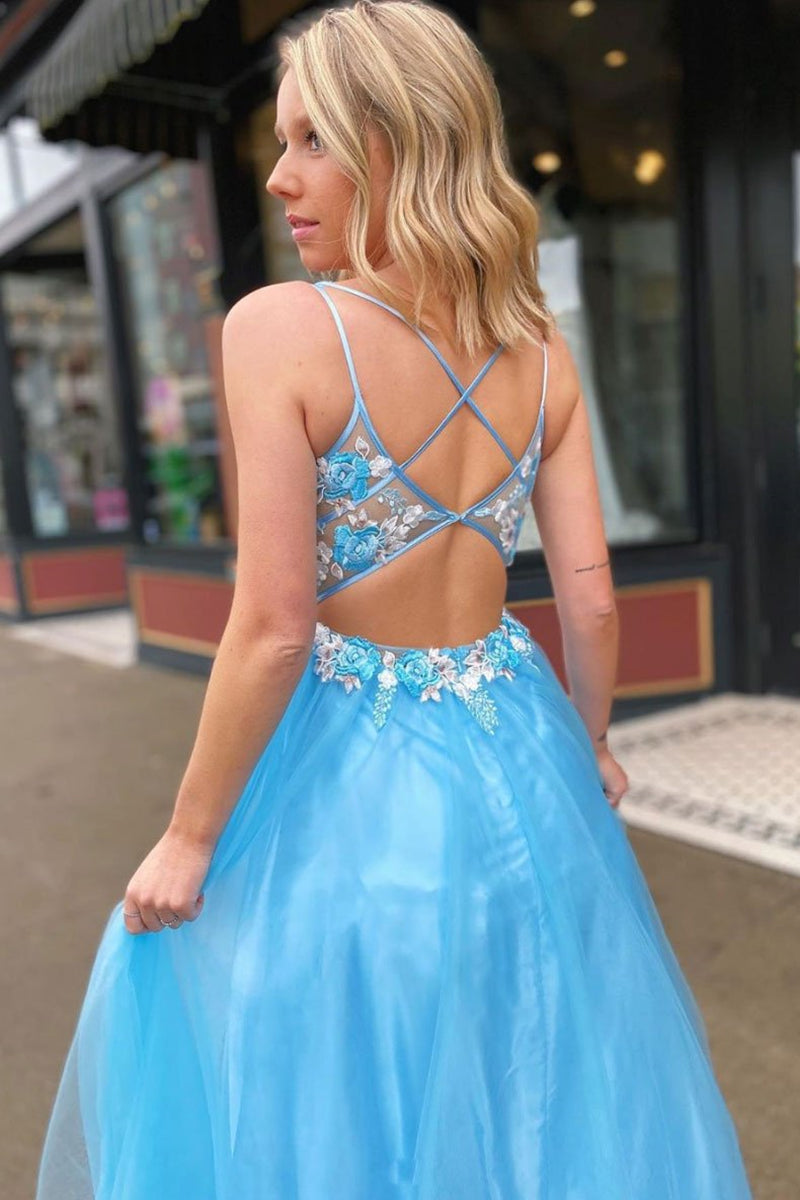 Unthony - V Neck Open Back Lace Appliques Blue Long Prom Dress