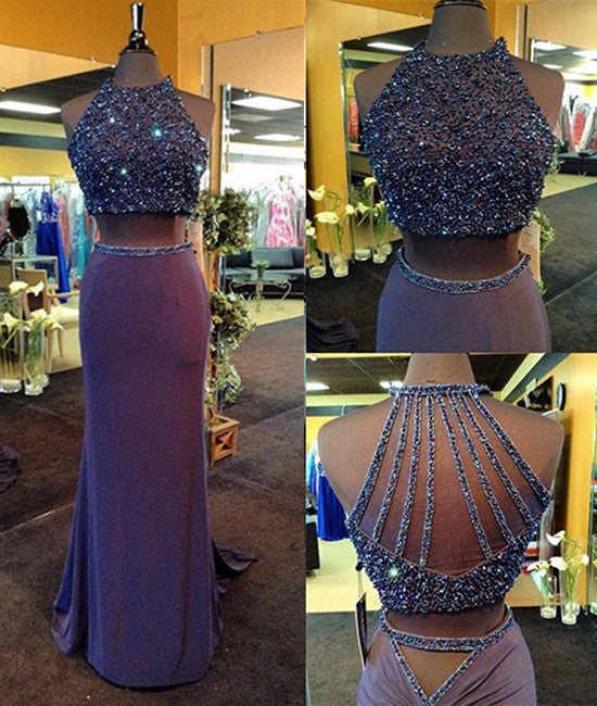 Unthony - Custom Made Round-Neck Two-Pieces Beaded Prom Dresses
