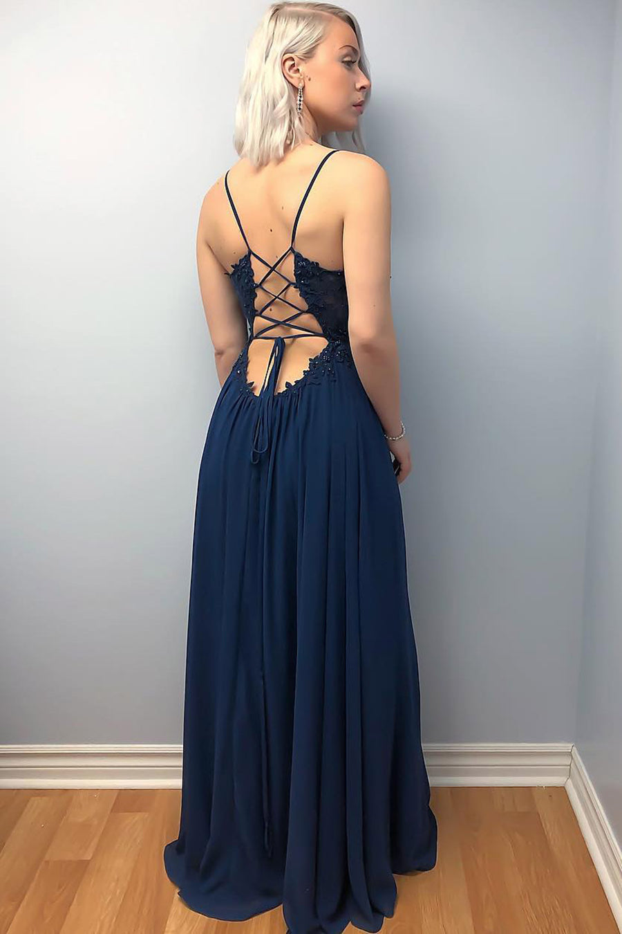 Unthony - A Line V Neck Lace Beading Top Cross Back Navy Blue Prom Dresses with Leg Split