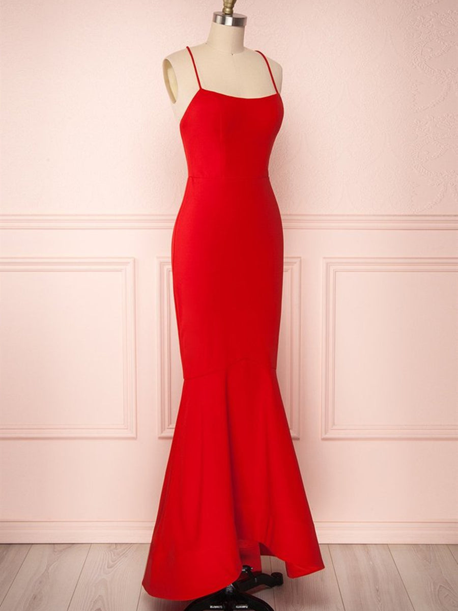 Unthony - Red Thin Straps Mermaid Backless Long Prom Dresses