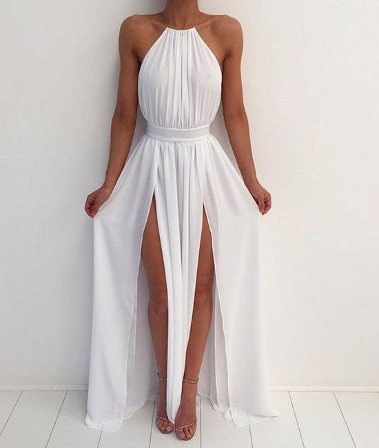 Unthony - A Line High Neck Backless White Prom Dresses